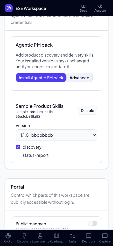 Capability pack settings on mobile