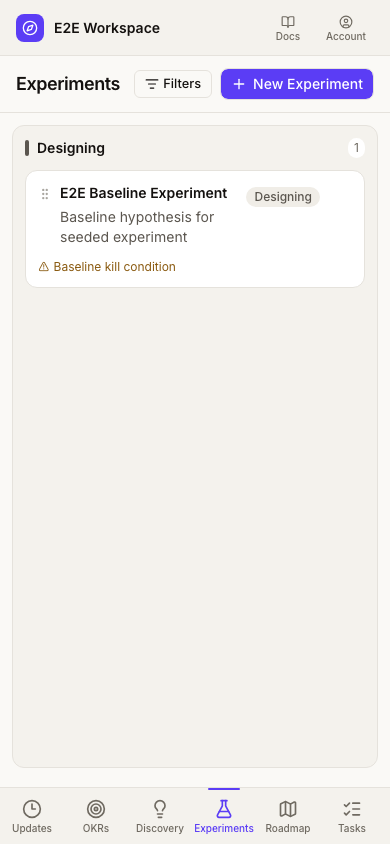Experiments page on mobile
