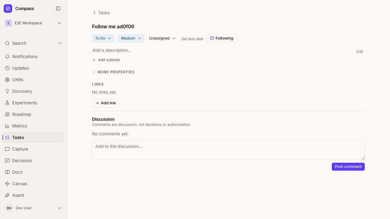 Task detail with the Following button
