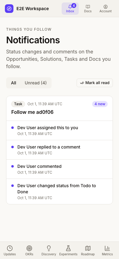 Notifications inbox on mobile
