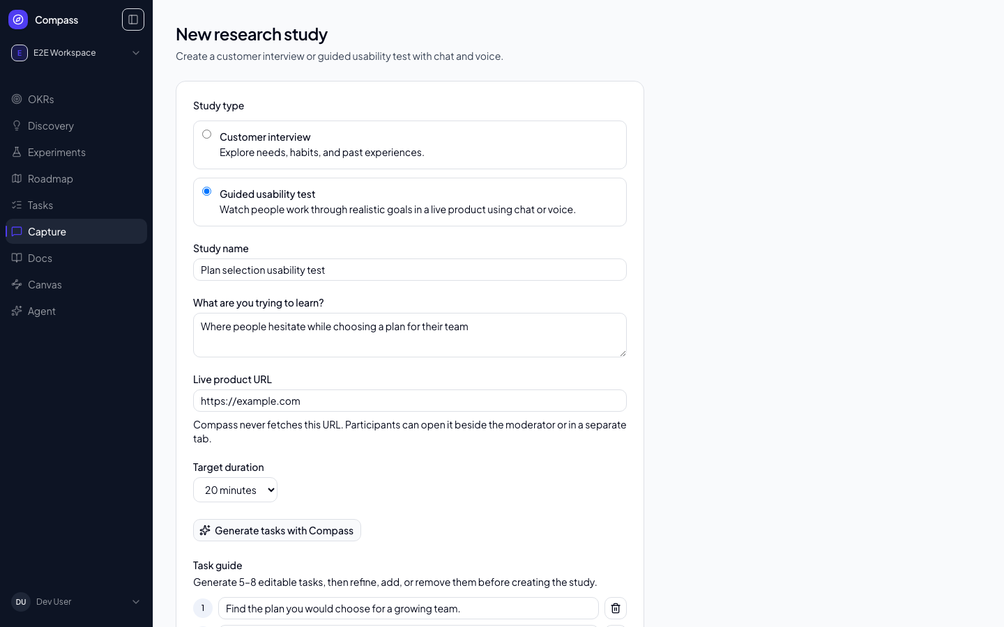 Guided usability study creation