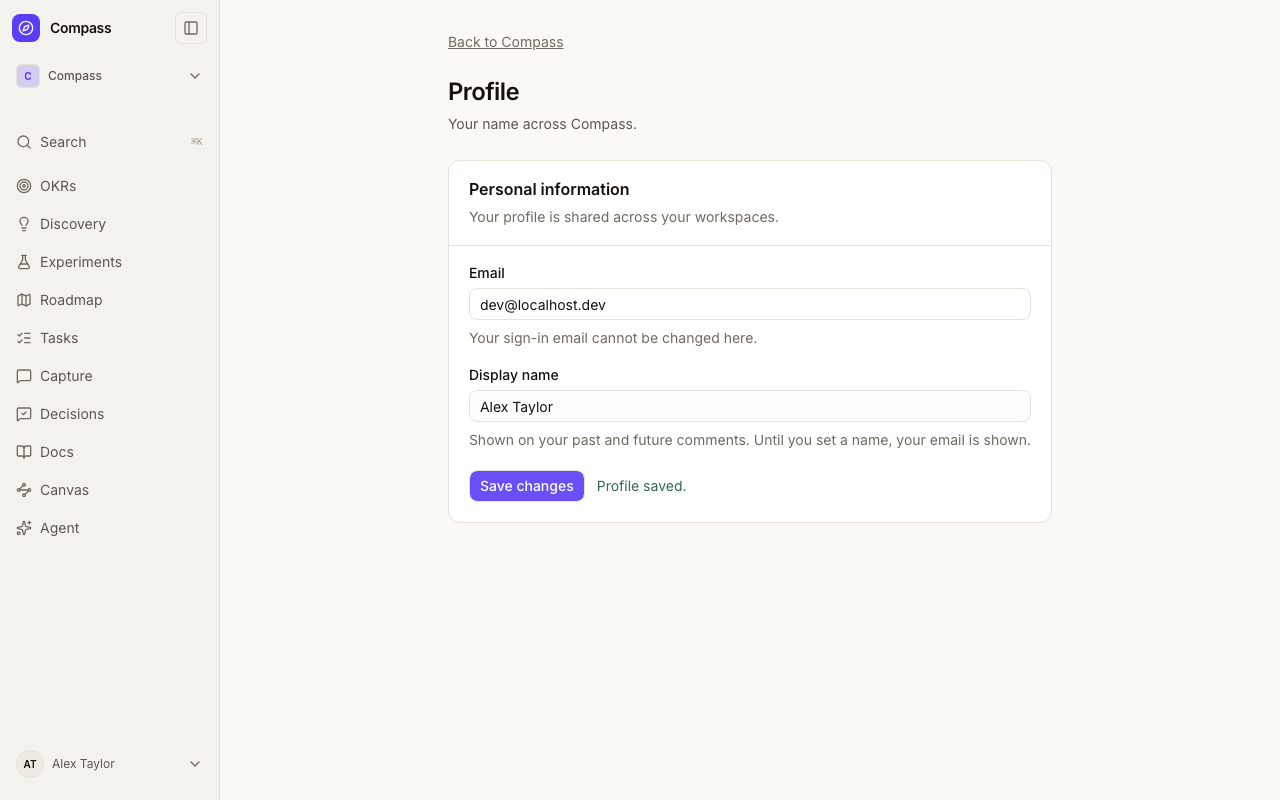 Profile settings on desktop, with read-only email and an editable display name