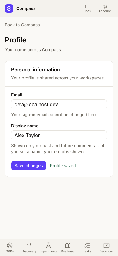 Profile settings on mobile, with saved display name and account navigation