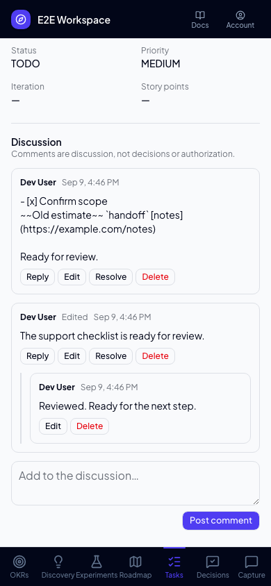 Task discussion composer on mobile