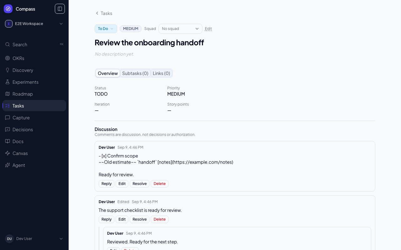 Discussion on a Task detail page